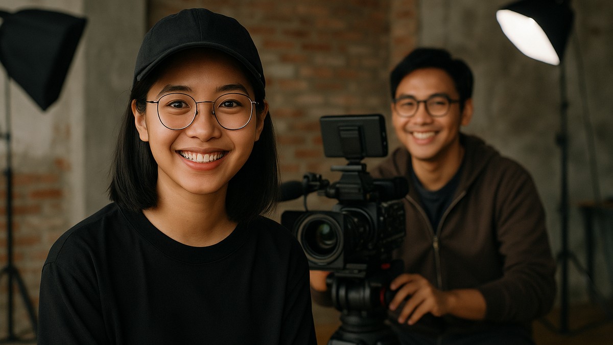 A young Southeast Asian woman smiling in front of a camera setup, with another student operating the camera in the background on a film set.