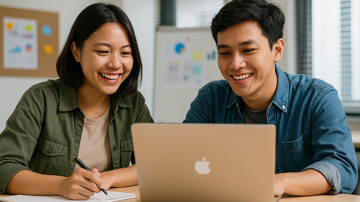 A young Southeast Asian man and woman smiling while working together on a laptop in a brightly lit room, surrounded by charts and notebooks.