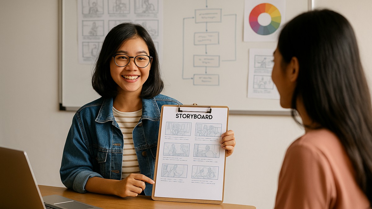 A young Southeast Asian student smiling while presenting a storyboard to a peer during a film class, with storyboards and a color wheel pinned on a whiteboard in the background.