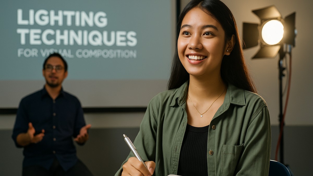 A young Southeast Asian woman smiling while taking notes during a lighting lecture in a film classroom, with an instructor and presentation slide visible in the background.