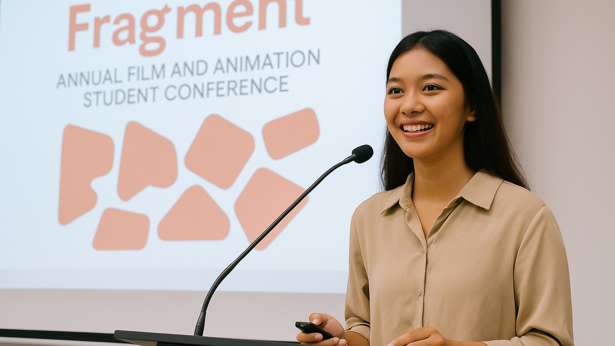 A young Southeast Asian woman presenting enthusiastically at a podium during the Fragment Film and Animation Student Conference, with a conference slide projected behind her.